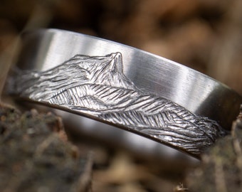 Cathedral Peak, Yosemite National Park Mountain Ring- 7mm Titanium, 14k Yellow, Rose Gold, Mens or womens wedding Ring, Comfort Fit