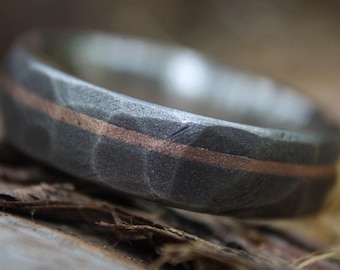 Faceted Titanium with 14k Rose Gold inlay - 6mm Men's wedding band, manly ring, sandblasted, hammered texture, grey and silver