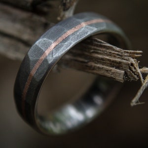 Faceted Titanium with 14k Rose Gold inlay - 6mm Men's wedding band, manly ring, sandblasted, hammered texture, grey and silver