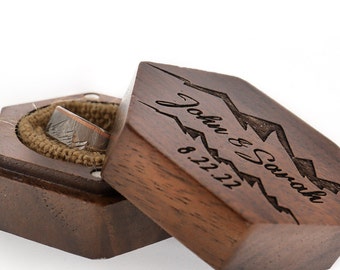 Mountain Engraved Box - Walnut Wood, Burlap interior, wood ring box, single ring, wedding accessories, magnetic ring box, geometric hexagon