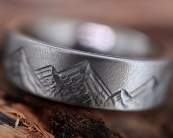 Sandblasted Titanium Mountain Ring - 6mm Mens Wedding Ring, Womens Wedding Ring, Comfort Fit, rustic style, Hypoallergenic