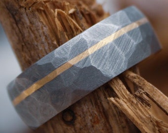 Faceted Titanium with 14k Yellow Gold inlay - 8mm Men's wedding band, manly ring, sandblasted, hammered texture, grey and silver