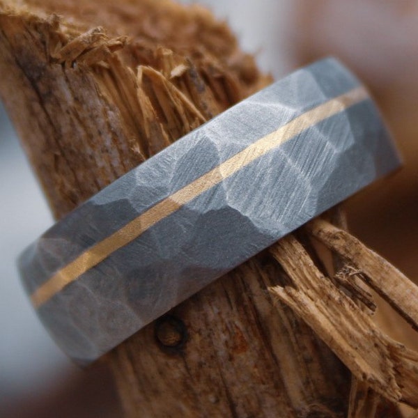 Faceted Titanium with 14k Yellow Gold inlay - 8mm Men's wedding band, manly ring, sandblasted, hammered texture, grey and silver
