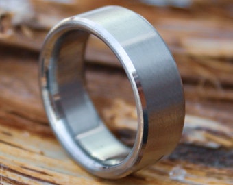 Titanium Ring with Beveled Edges - Classic mens wedding ring, satin and silver ring, simple mans wedding band, brushed titanium