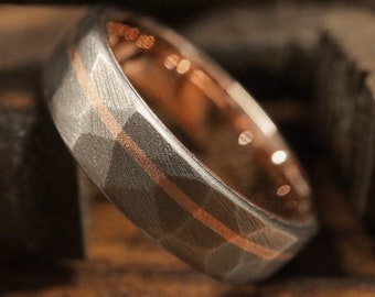 14k Rose Gold Lined Faceted Titanium with inlay - 6mm Men's wedding band, manly ring, sandblasted, hammered texture, grey and silver