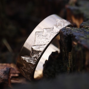14k Yellow Gold Mountain Ring - 6mm, Mens Wedding Ring, Womens Wedding Ring, Comfort Fit, Handcarved Band, custom mountain ring