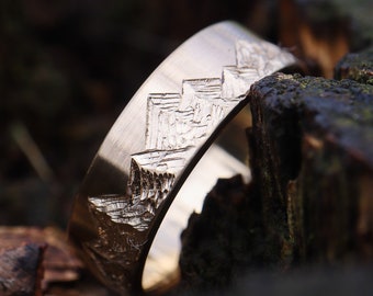 14k Yellow Gold Mountain Ring - 6mm, Mens Wedding Ring, Womens Wedding Ring, Comfort Fit, Handcarved Band, custom mountain ring