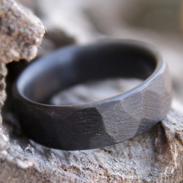 Faceted Black Zirconium - 7mm Mens Band, Distressed Wedding Band, Comfort Fit Ring, Textured Rustic Style, Manly