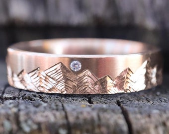 The Starlit Summit - 5mm 14k Rose Gold Mountain Ring with Lab Diamond, Satin Finish, Hand Carved Mountain Wedding Band