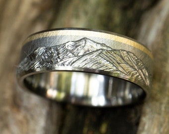 Sawatch Range, Colorado - 7mm Titanium, 14k Yellow Gold inlay, Mens Wedding Ring, Womens Ring, Textured, Beveled edge, Comfort Fit