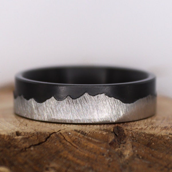 Grand Teton Mountain Range - Black Zirconium Ring, Men's Wedding Ring, Textured Brushed Black Band, Outdoors