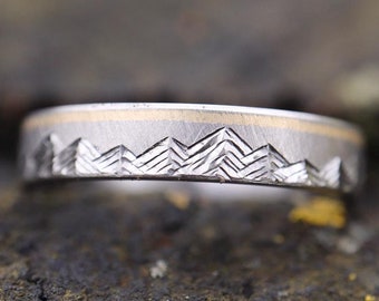 Mountain Range Ring - 4mm Titanium, 14k Yellow Gold inlay, dainty ring, Womens Wedding Ring, Textured, Beveled edge, Comfort Fit