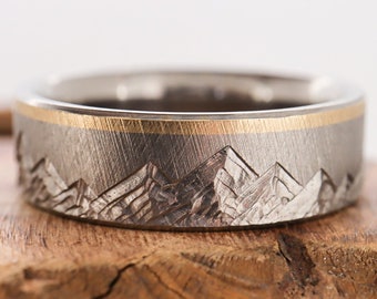 Mountain Range Ring - 7mm Titanium, 14k Yellow Gold inlay, Mens Wedding Ring, Womens Wedding Ring, Textured, Beveled edge, Comfort Fit