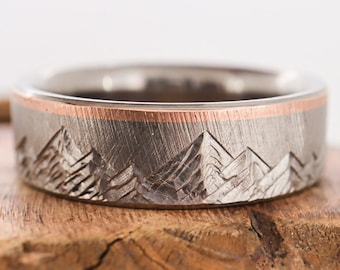 Mountain Range Ring - 7mm Titanium, 14k Rose Gold inlay, Mens Wedding Ring, Womens Wedding Ring, Textured, Beveled edge, Comfort Fit