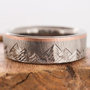 Mountain Range Ring - 7mm Titanium, 14k Rose Gold inlay, Mens Wedding Ring, Womens Wedding Ring, Textured, Beveled edge, Comfort Fit