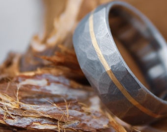 Faceted Titanium with 14k Yellow Gold inlay - 8mm Men's wedding band, manly ring, sandblasted, hammered texture, grey and silver
