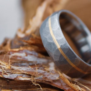 Faceted Titanium with 14k Yellow Gold inlay - 8mm Men&#39;s wedding band, manly ring, sandblasted, hammered texture, grey and silver