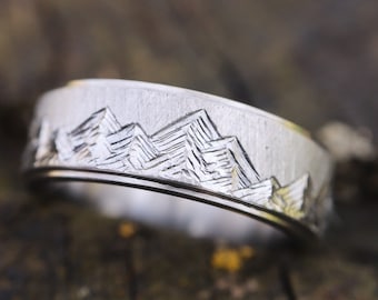 The Surveyor - 7mm Titanium Mountain Ring, Mens Wedding band, Womens Wedding Ring, Comfort Fit, Outdoors, Colorado, Hand Carved