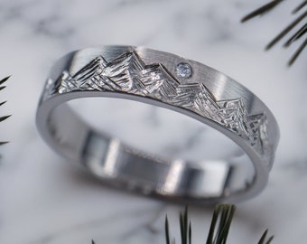 Starlit Summit - Titanium, 4mm, Women's Mountain Ring - Diamond setting, Hand Carved Mountain Range, Comfort Fit, Hiking, Nature Inspired