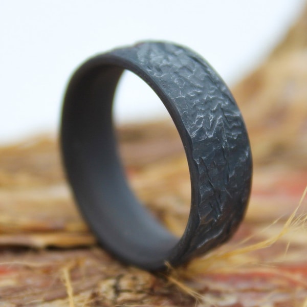 Stone Finish Black Titanium - Men's Wedding band, Unique Rustic Style, Distressed Ring, Hammered, Black