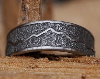 The Rocky Ridge - 7mm Titanium Mountain Range Ring, Stone Textured Ring, Mens Wedding Ring, Textured, Beveled edge, Comfort Fit
