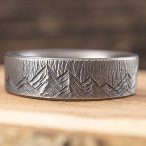 Dark Titanium Mountain Ring - 6mm, Tree Bark Textured