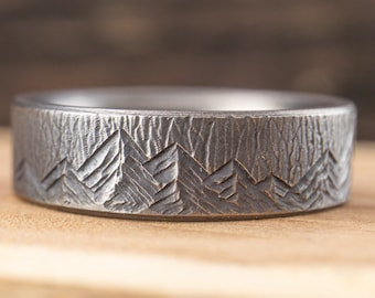 Dark Titanium Mountain Ring - 6mm, Tree Bark Textured