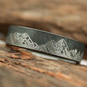 Textured Black Zirconium Mountain Range - 6mm Ring, Crosshatch Textured, Beveled Edges, Matte Finish, Black Ring, Mens wedding band