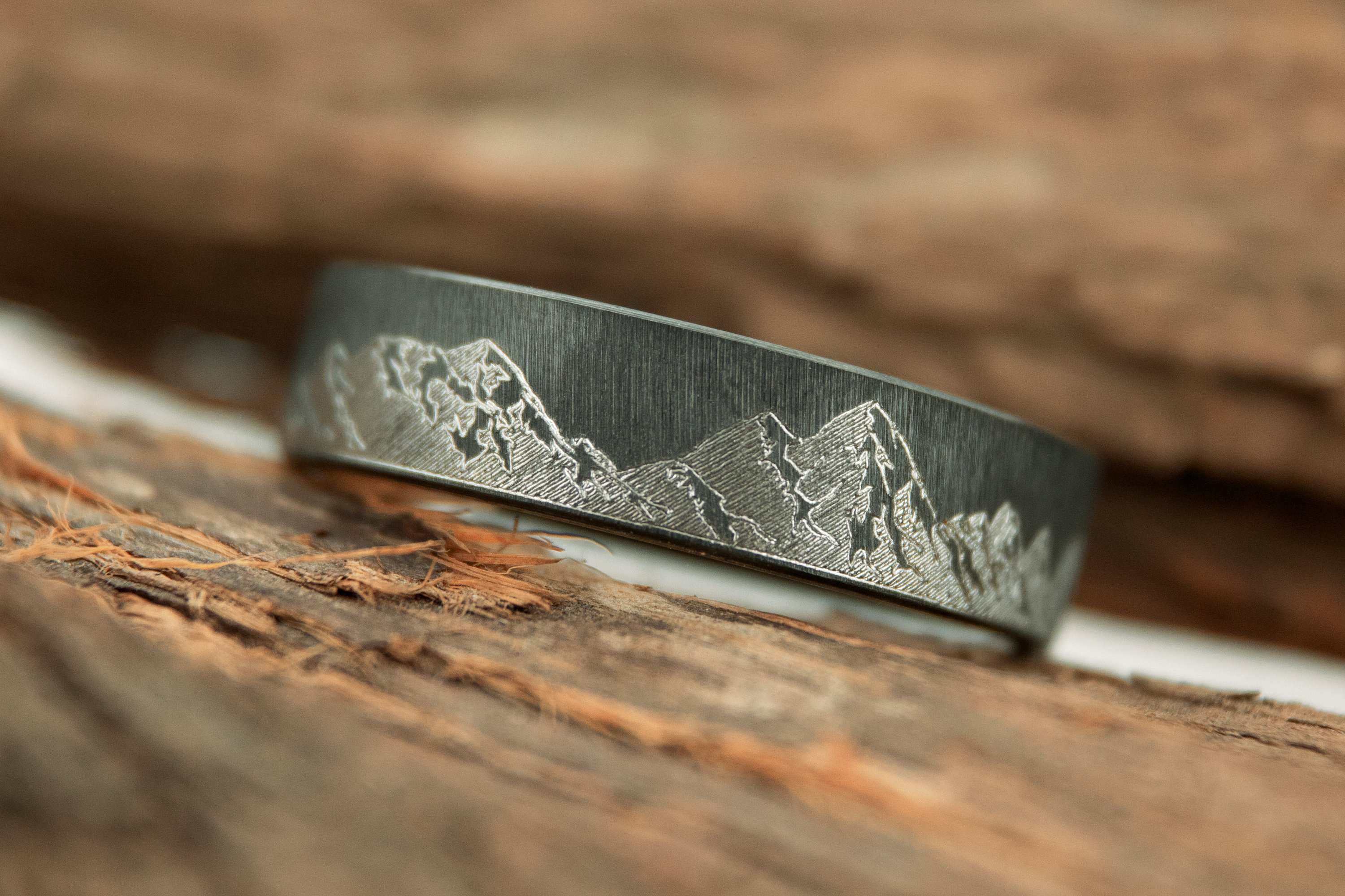 Textured Black Zirconium Mountain Range - 6mm Ring, Crosshatch Textured, Beveled Edges, Matte Finish, Black Ring, Mens wedding band