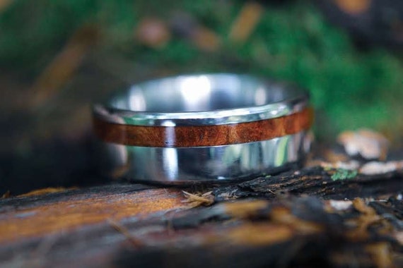 7mm Titanium and Redwood Burl Wood Inlay Ring Mens Wedding Band Silver Comfort Fit Ring Etsy UK