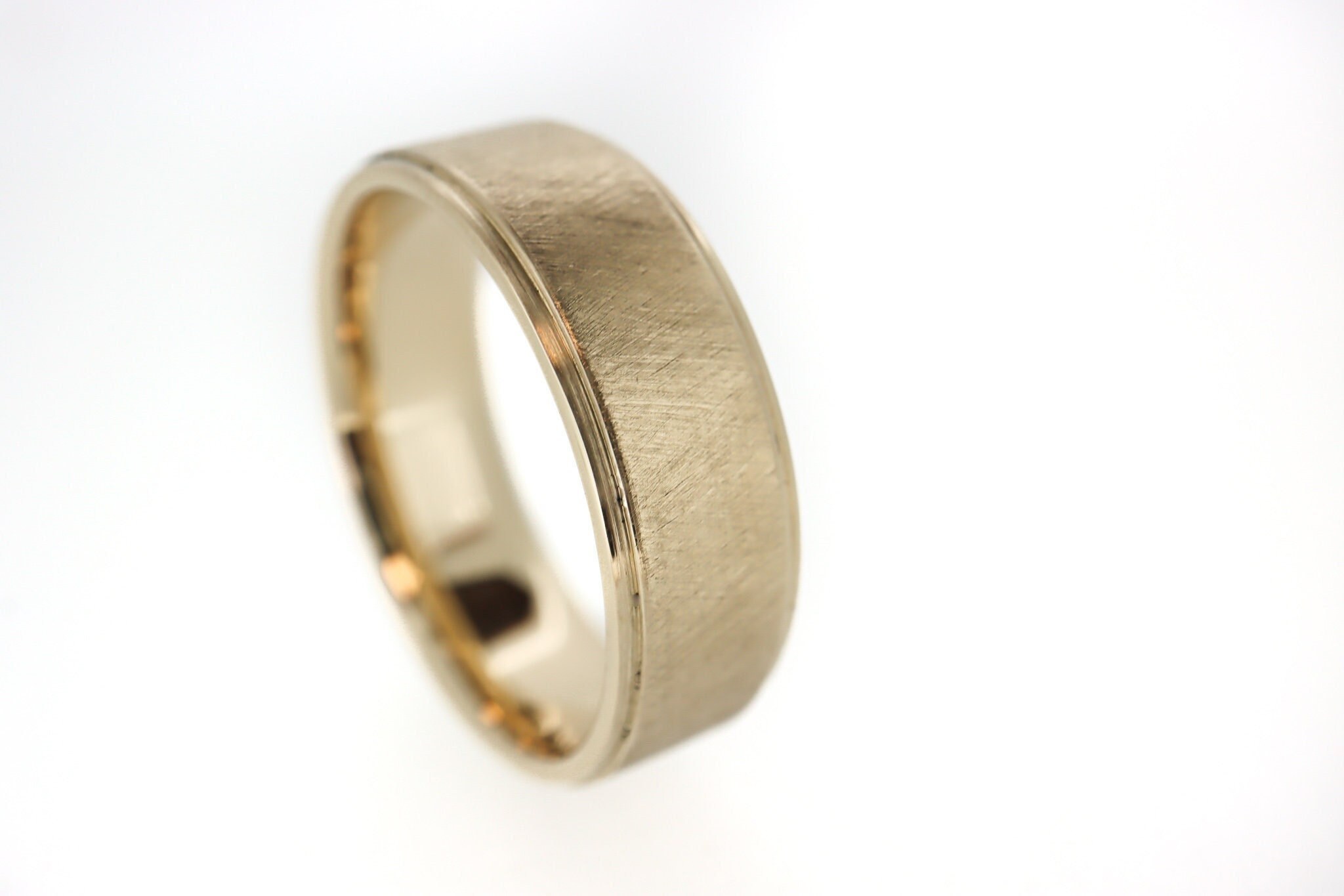14k Yellow Gold Ridged Crosshatch Ring - Mens Wedding Band 