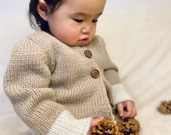 Brown + white dip dye alpaca wool baby cardigan with wooden buttons, hand knitted, natural dye