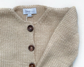 Brown alpaca wool cardigan with wooden buttons, hand knitted, natural dye, baby knitwear