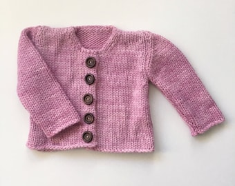 Pink alpaca wool baby cardigan with wooden buttons, hand knitted, natural dye