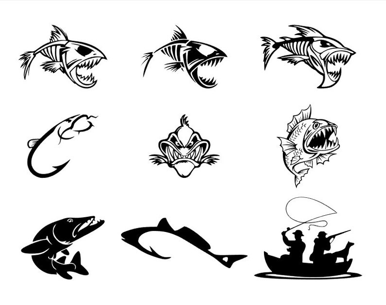 Download Fishing sea bass fish on hook fish bone svg files. Digital ...
