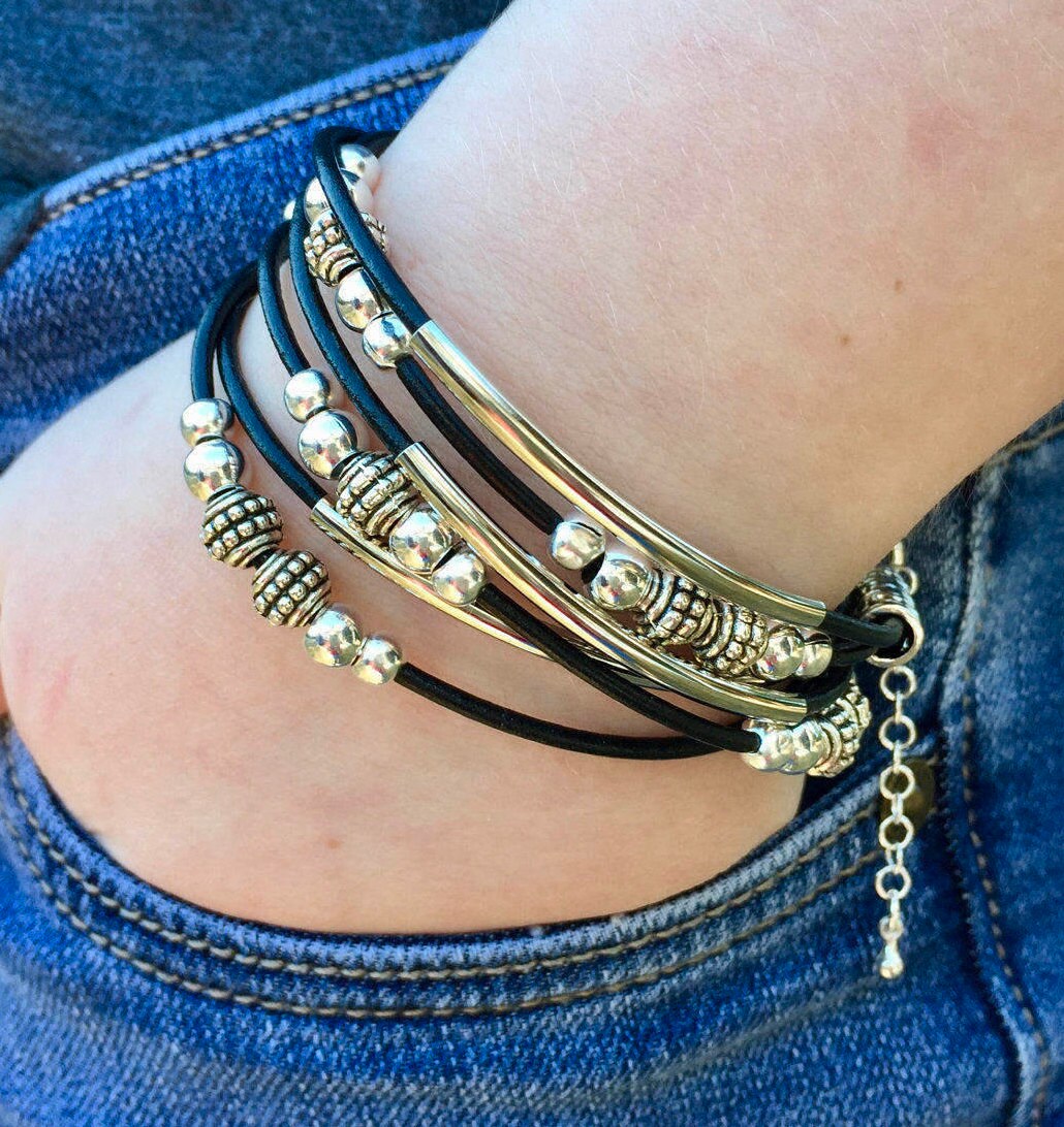 Silver Wrap Leather Boho Multi Wrap Tube Bracelet Lobster Claw Etsy
