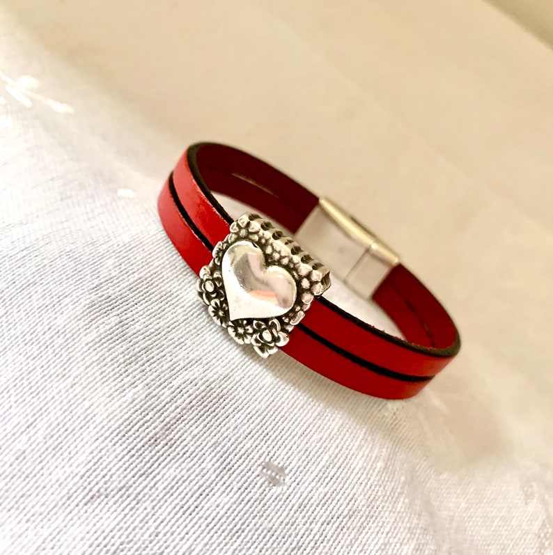 Silver Heart Leather Cuff Bracelet Multi Strand Leather Fancy Heart Slider Silver Magnetic Clasp Valentine Gift for Her Birthday Gift A22