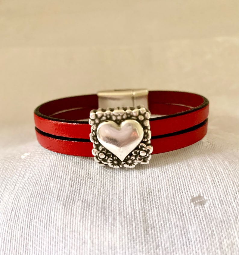 Silver Heart Leather Cuff Bracelet Multi Strand Leather Fancy Heart Slider Silver Magnetic Clasp Valentine Gift for Her Birthday Gift A22