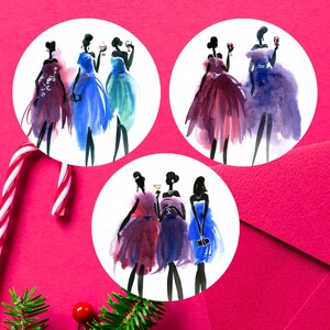 Holiday Cocktail Party Mädchen Sticker, Jingle and Mingle, Weihnachten Aquarell, NYE Party Sticker, Briefumschlag Siegel