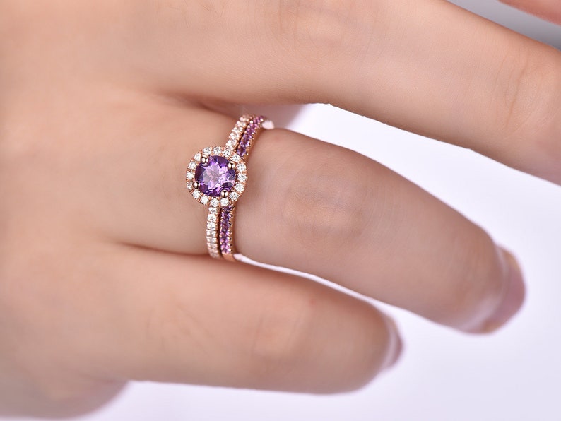 7mm Round Cut Amethyst Engagement Ring Set,Amethyst Wedding Band,14k Rose Gold,Anniversary ring,Promise ring,stacking ring,Gift for her