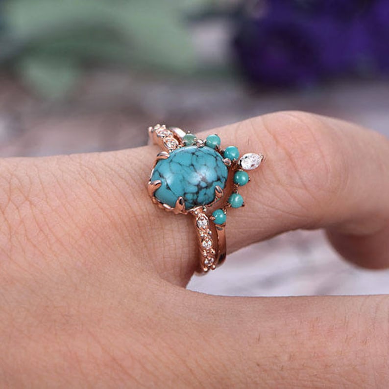 8x10mm Oval Cut Turquoise Engagement Ring Set,14k Rose Gold,Anniversary ring,Promise ring,Curved Shape,Art deco Marquise,Prong,Gift for her