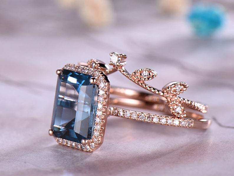 8x10mm Emerald Cut London Topaz Engagement Ring,14k Rose Gold,Anniversary ring,Promise ring,Pave Set,Prong,Art Deco Leaf,Prong,Gift for her