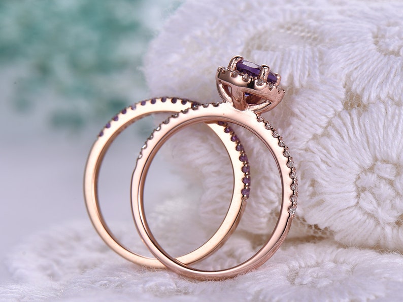 7mm Round Cut Amethyst Engagement Ring Set,Amethyst Wedding Band,14k Rose Gold,Anniversary ring,Promise ring,stacking ring,Gift for her