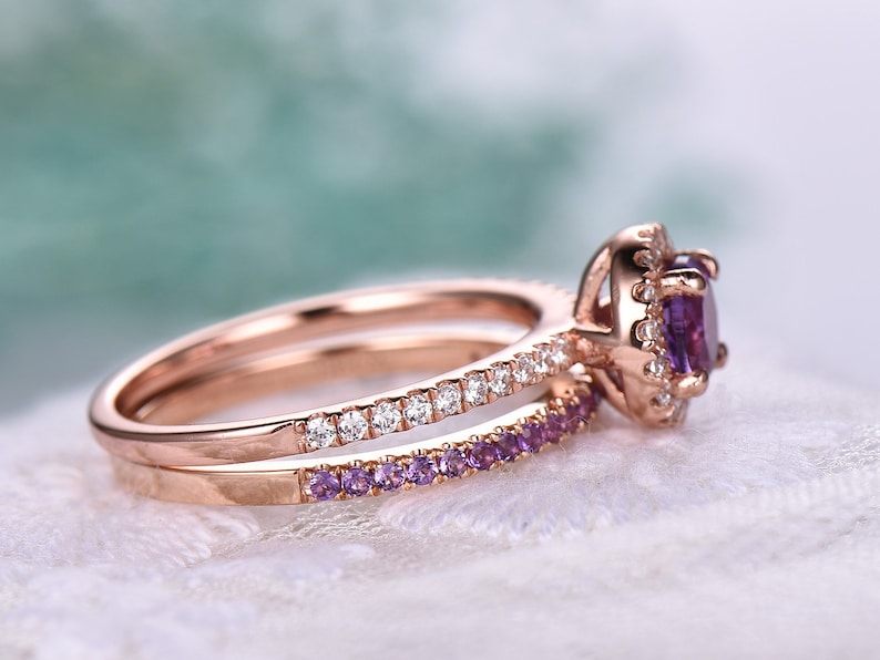 7mm Round Cut Amethyst Engagement Ring Set,Amethyst Wedding Band,14k Rose Gold,Anniversary ring,Promise ring,stacking ring,Gift for her