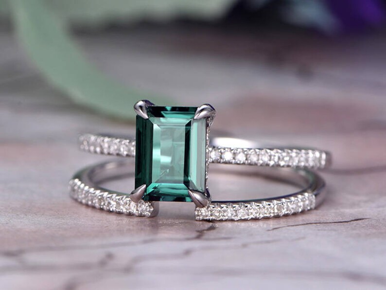 6x8mm Emerald Cut Alexandrite Engagement Ring Set14k White | Etsy