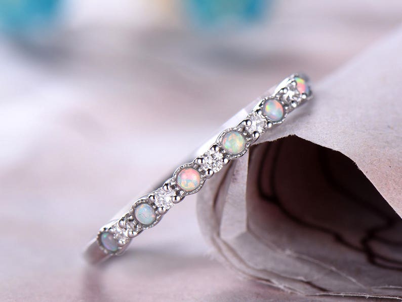 Opal /& diamond Engagement Band,14k white Gold,Anniversary ring,Promise ring,wedding ring,bridal ring,Half Eternity,Stackble,Gift for her