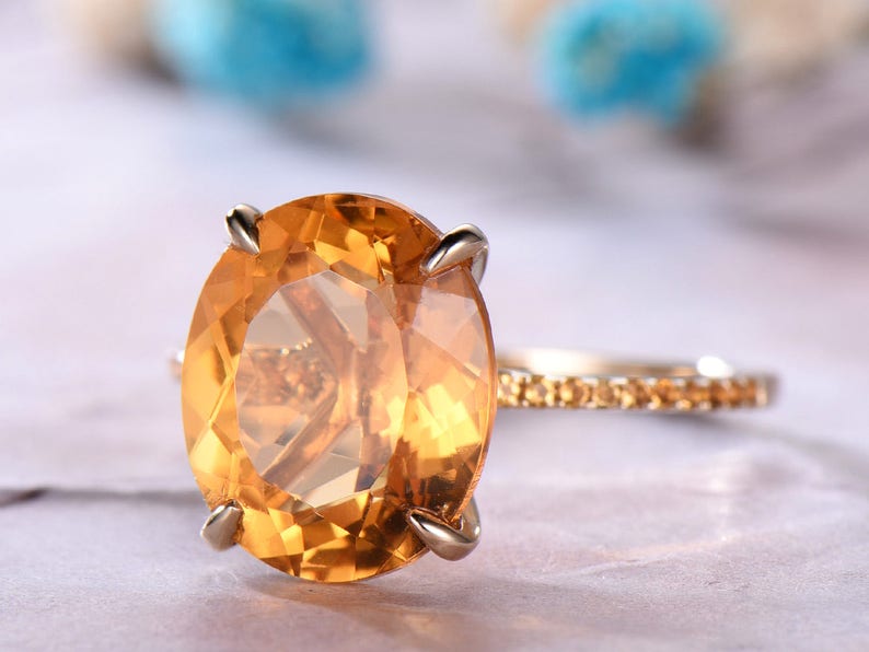 Citrine Engagement Ring,Micro Pave,14k Yellow Gold,Birthstone band,Anniversary ring,Promise ring,Eternity,Stackable Band,Gift for her