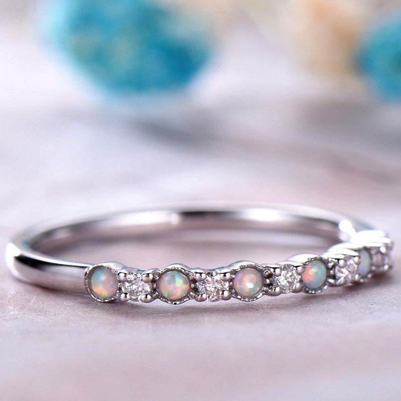 Opal /& diamond Engagement Band,14k white Gold,Anniversary ring,Promise ring,wedding ring,bridal ring,Half Eternity,Stackble,Gift for her