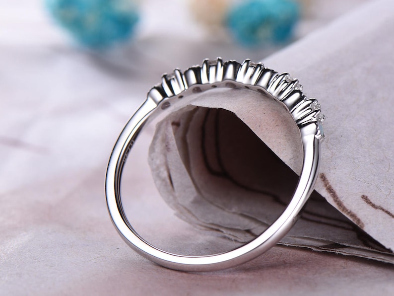 Opal /& diamond Engagement Band,14k white Gold,Anniversary ring,Promise ring,wedding ring,bridal ring,Half Eternity,Stackble,Gift for her