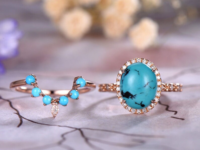 8x10mm Oval Cut Turquoise Engagement Ring Set,14k Rose Gold,Anniversary ring,Promise ring,Crown Band,Art deco Marquise,Prong,Gift for her